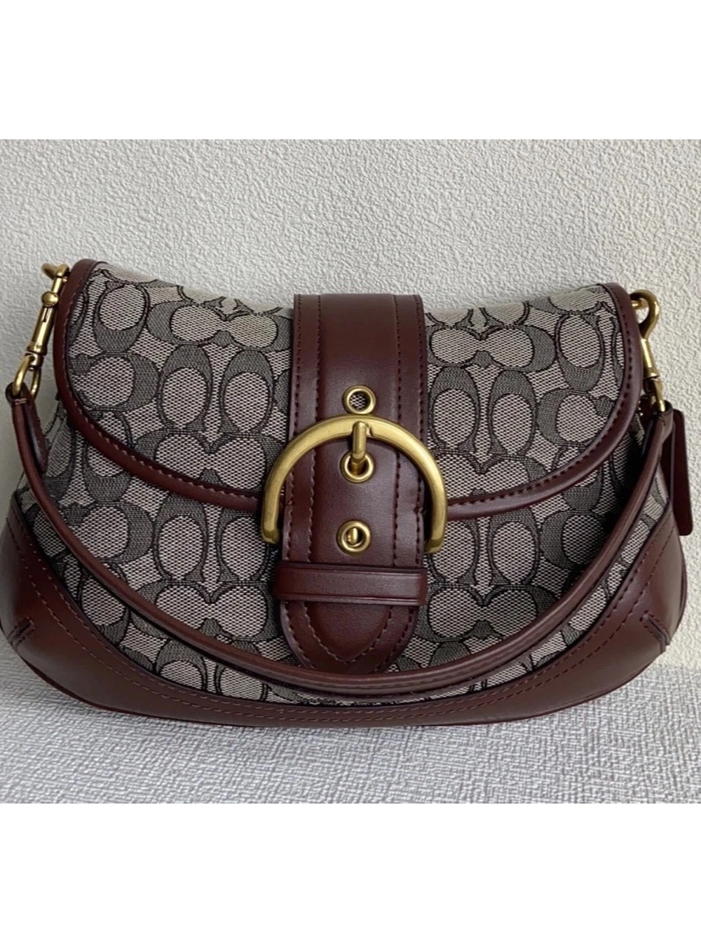 New Coach SoHo Tan and Brown Signature Jacquard Saddle Shoulder Bag Maple Brown